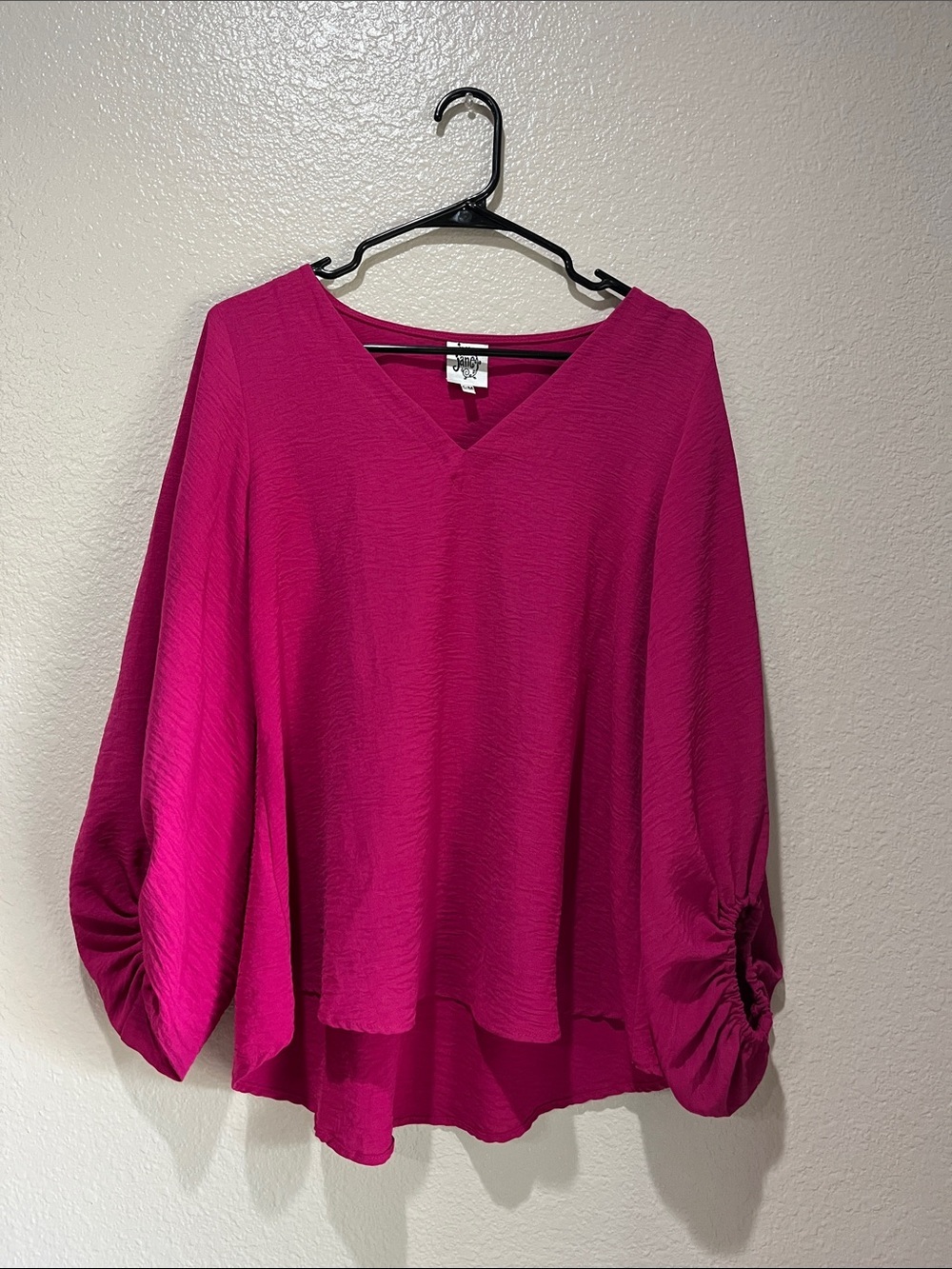 ivy jane Bright Fuchsia V-Neck Balloon Sleeve Blouse Lightweight Boho TC0770